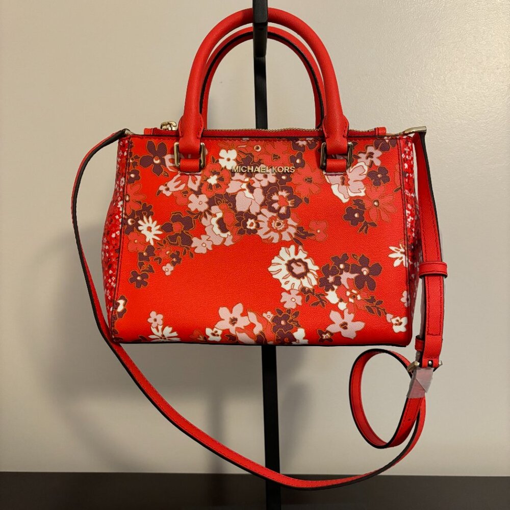 Michel Kors Kellen Red Sangria Floral Saffiano Leather Satchel Crossbody - Picture 5 of 12
